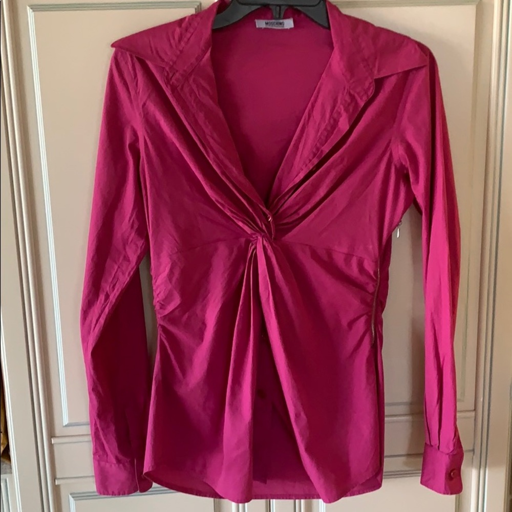 Moschino Hot Pink Twist-Front Button Down Shirt